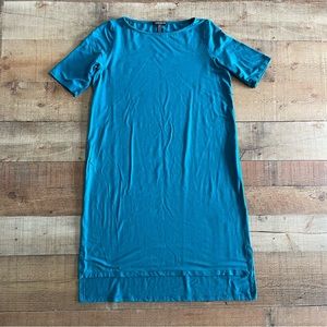 Eileen Fisher Boat Neck Midi Jersey Dress in Petite Petite Size Teal Blue
